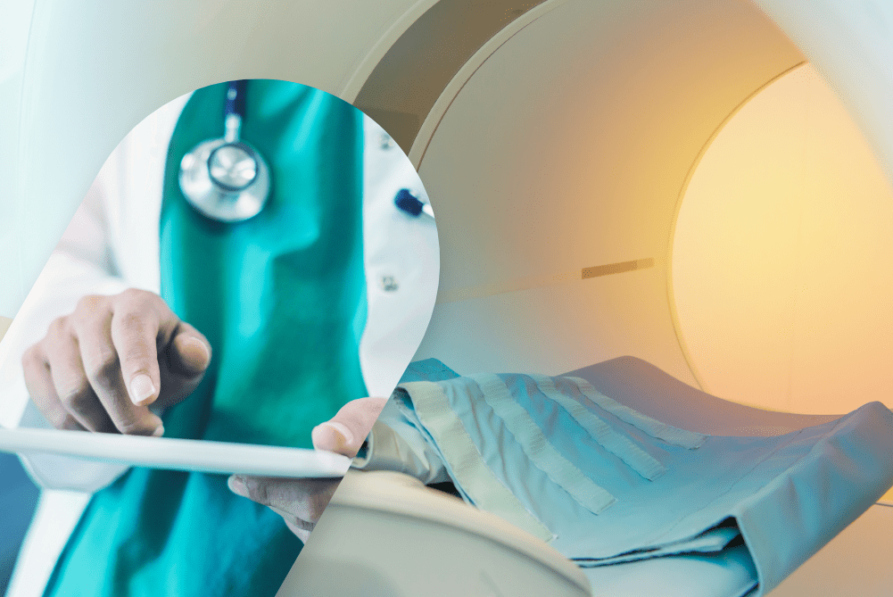 An MRI machine and an insert of a doctor working on a tablet computer.