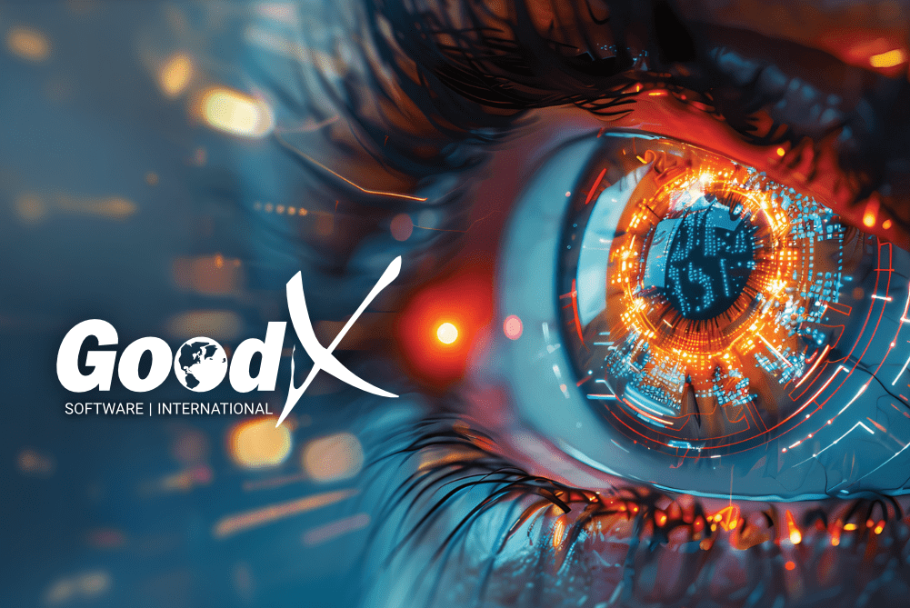 GoodX Software International logo on a background of a close up of an eye