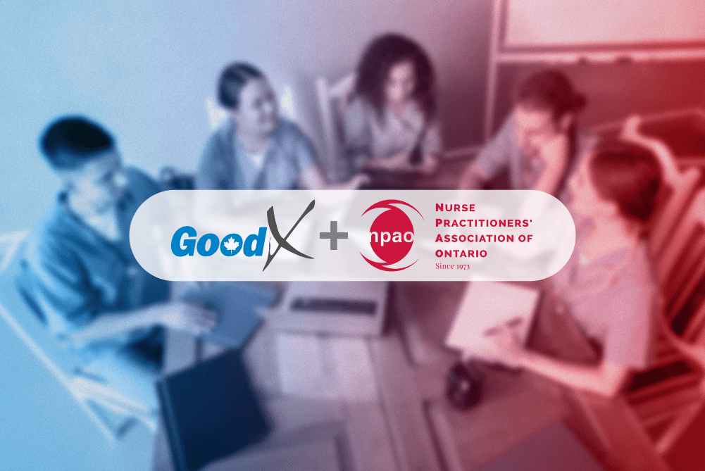 GoodX logo plus NPAO logo on background of working Nurse Practitioners