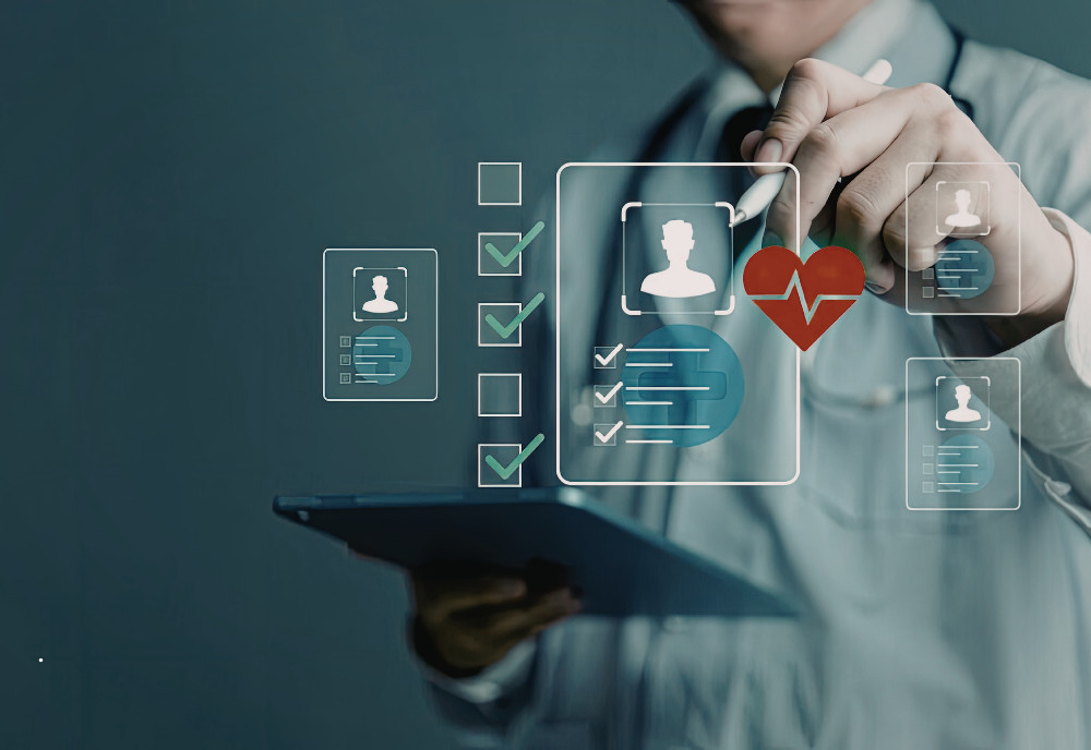A doctor uses a digital pen on a holographic screen displaying patient profiles, checklists, and a heart icon, symbolizing modern medical technology.