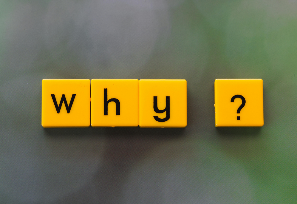Yellow Scrabble tiles spell "why?" on a blurred green background, conveying curiosity and contemplation. Black letters stand out against the bright tiles.