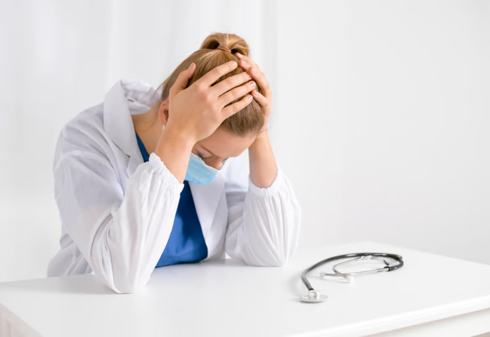 A female medical professional in a white coat is seated at a desk, with a stethoscope draped around her neck.