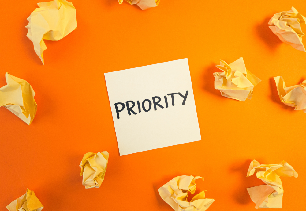 A series of repeated "priority" text emphasizing the importance of prioritization in a visual format.