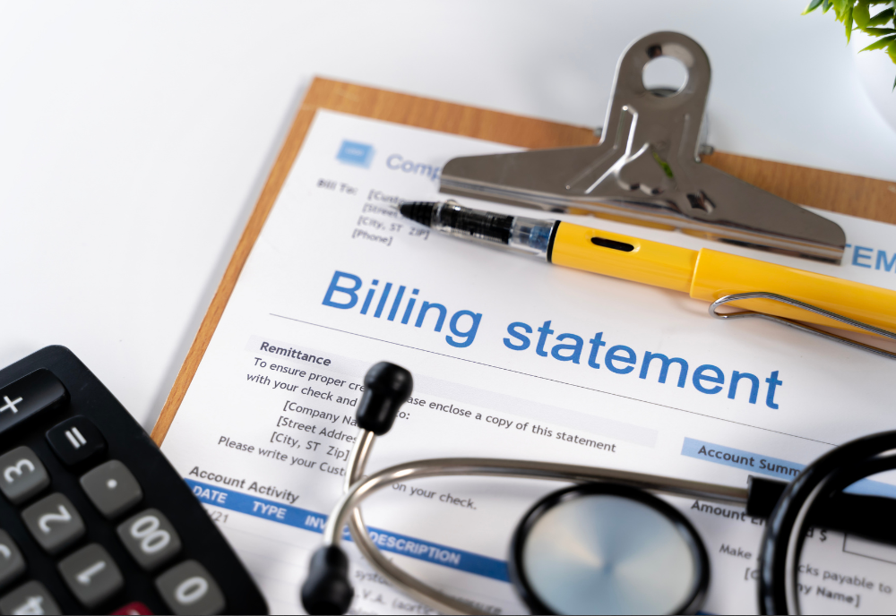Billing statement on a clipboard with a pen and calculator, indicating financial management and budgeting tasks.