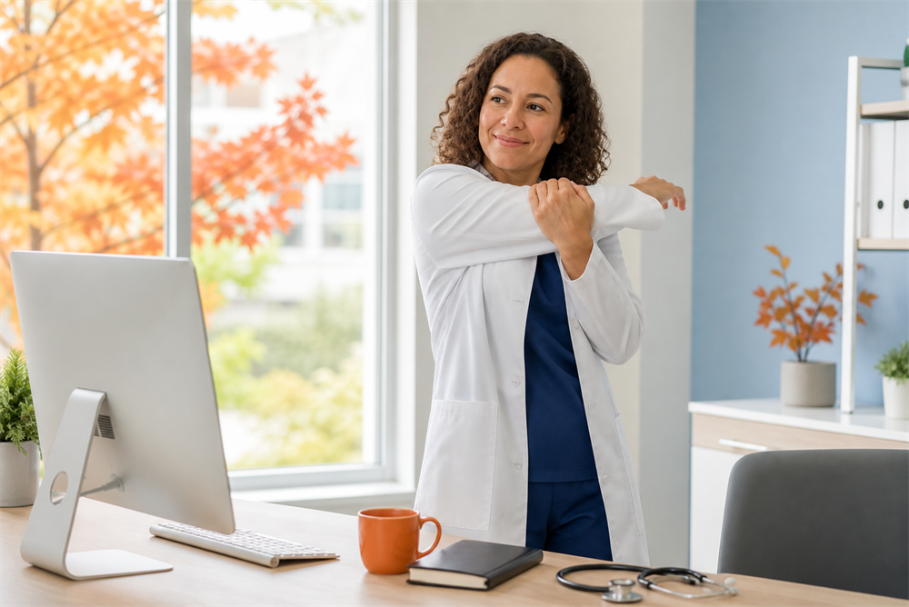 Canadian healthcare professional taking a short stretch break beside a clinic workstation.