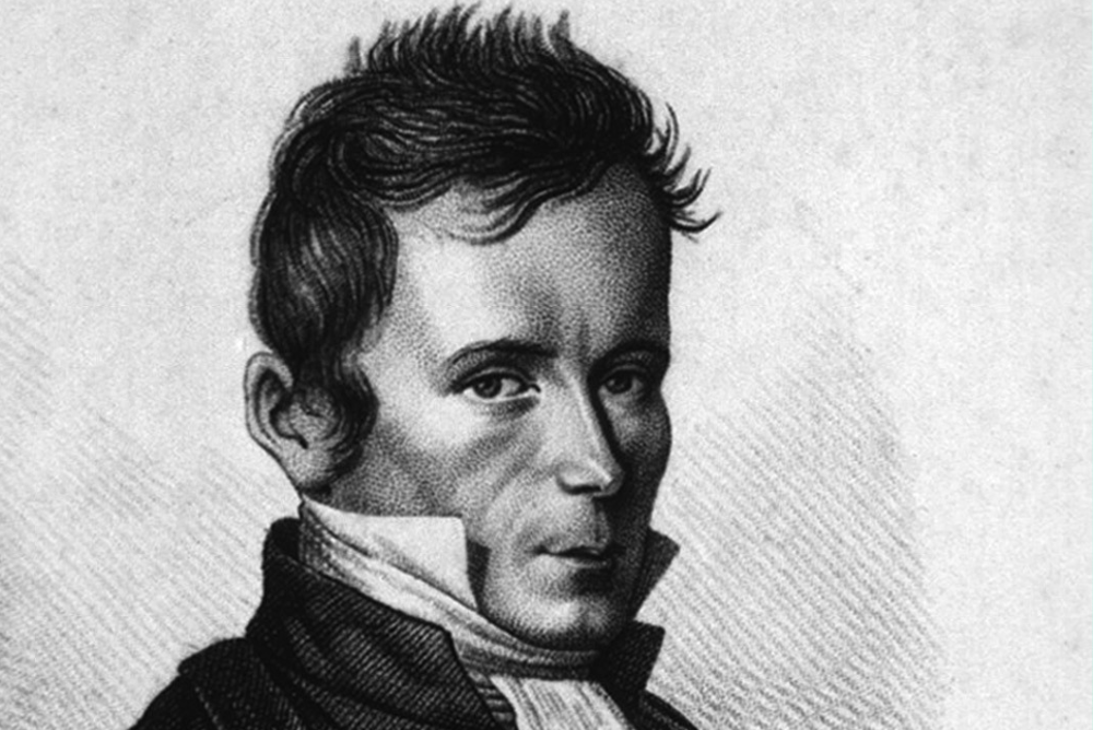 An engraving depicting a man wearing a black tie, showcasing formal attire and a serious expression.